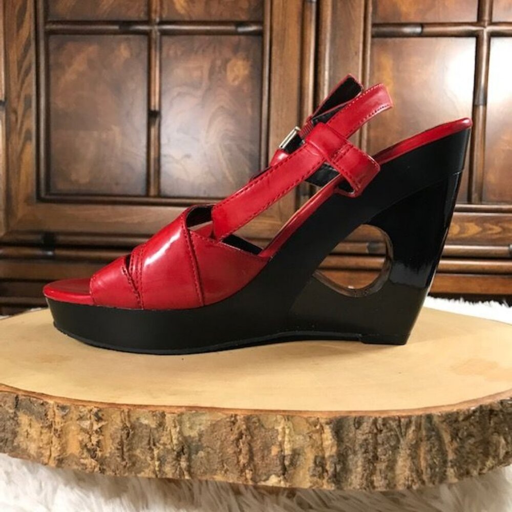 Nine West Strawberry Faux Leather Carve-Out Heel Buckle Sling Platform Sandal - Picture 2 of 14
